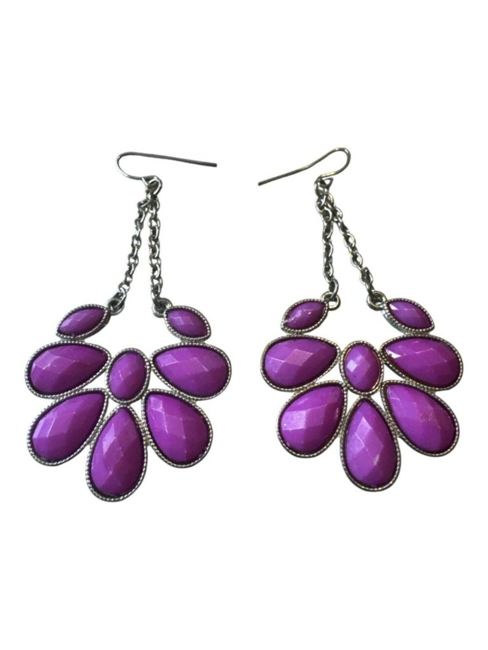 Purple Teardrop Flower Statement Dangle Earrings With Silver-Tone Chain Hooks -